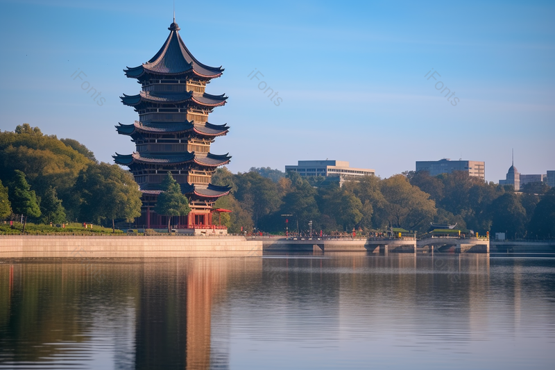 公园里湖边的古代佛塔水中倒影摄影实拍,高清,摄影图,摄影图片,图片大全,摄影图免费下载